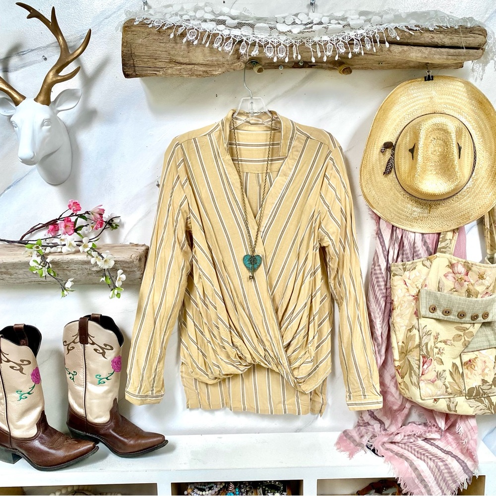 Trendy Straw colour Striped cross over boho blouse w prairie country vibe